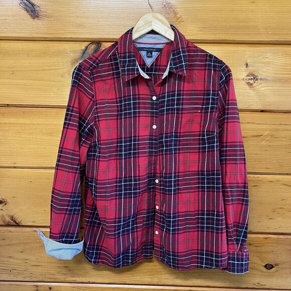 Tommy Hilfiger Button Up Flannel Shirt Womens Size XL Red Plaid Roll Tab Sleeve - Picture 1 of 5
